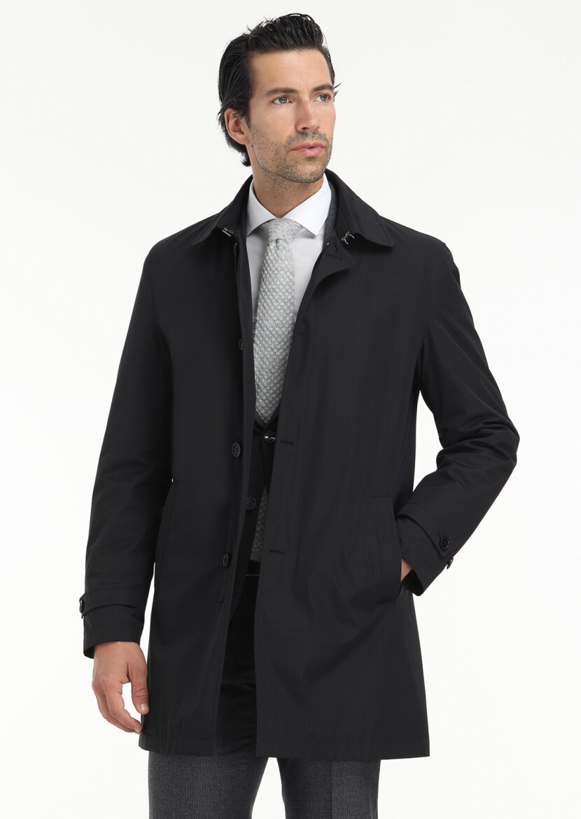 Siyah Regular Fit Gömlek Yaka Casual Dokuma Pardösü - 4