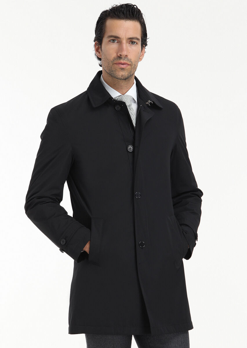 Siyah Regular Fit Gömlek Yaka Casual Dokuma Pardösü - 5