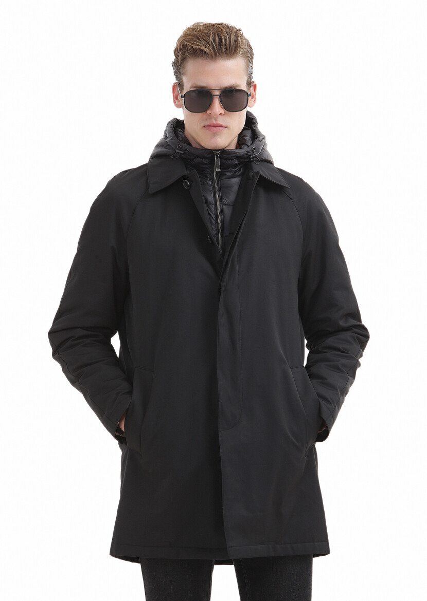 Siyah Regular Fit Gömlek Yaka Casual Dokuma Pardösü - 3