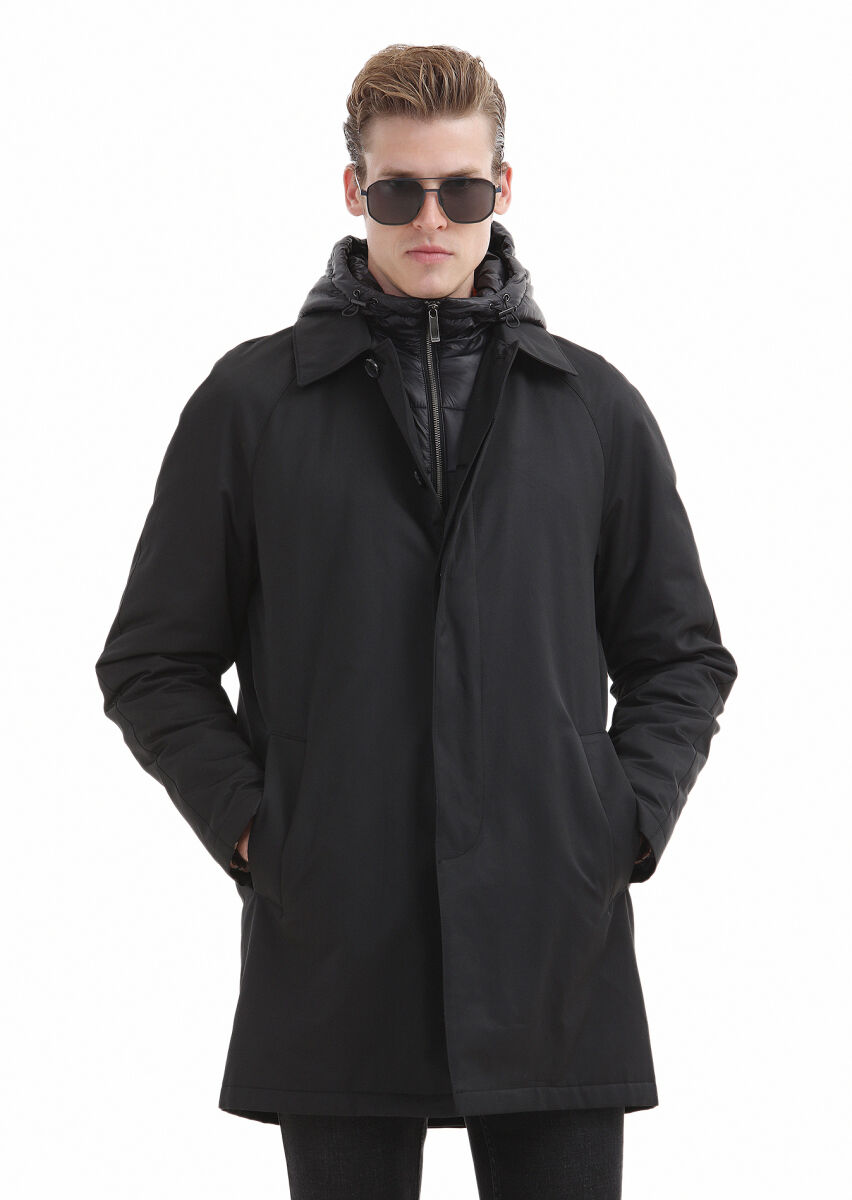 Siyah Regular Fit Gömlek Yaka Casual Dokuma Pardösü - 3