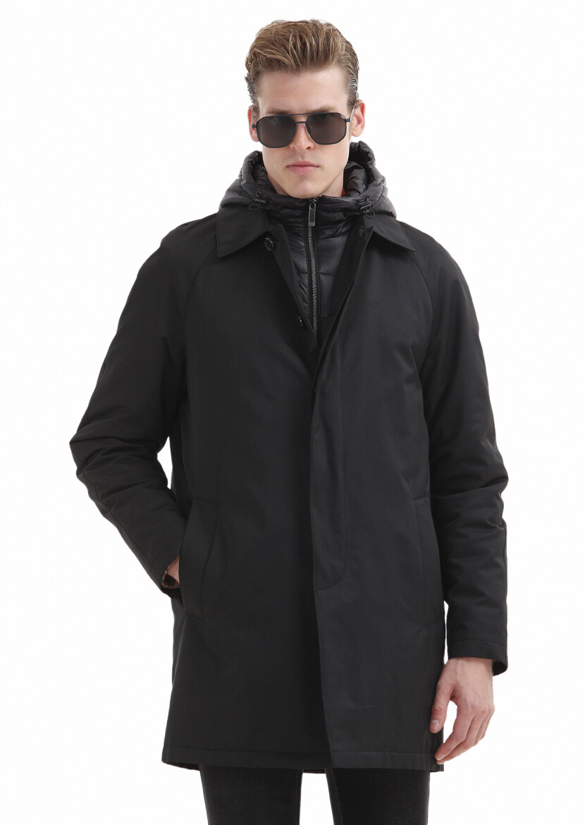 Siyah Regular Fit Gömlek Yaka Casual Dokuma Pardösü - 4