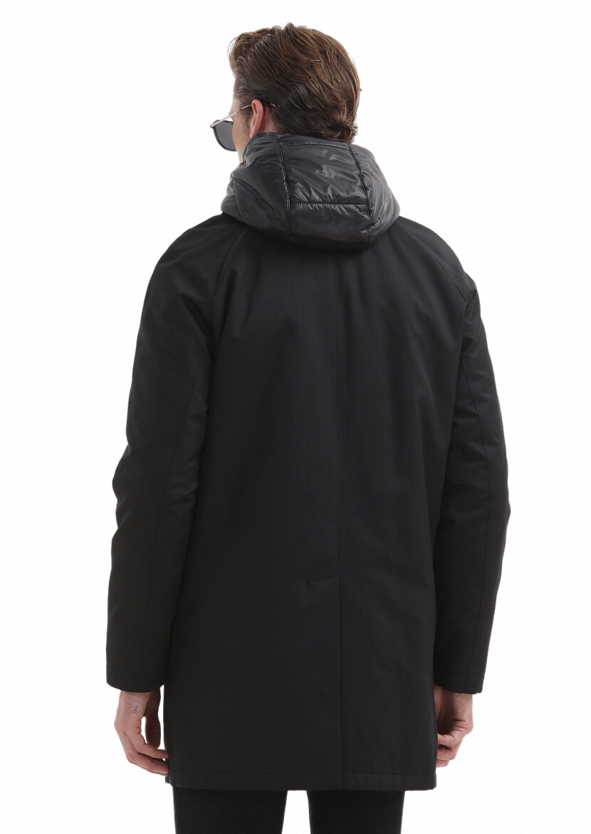 Siyah Regular Fit Gömlek Yaka Casual Dokuma Pardösü - 6