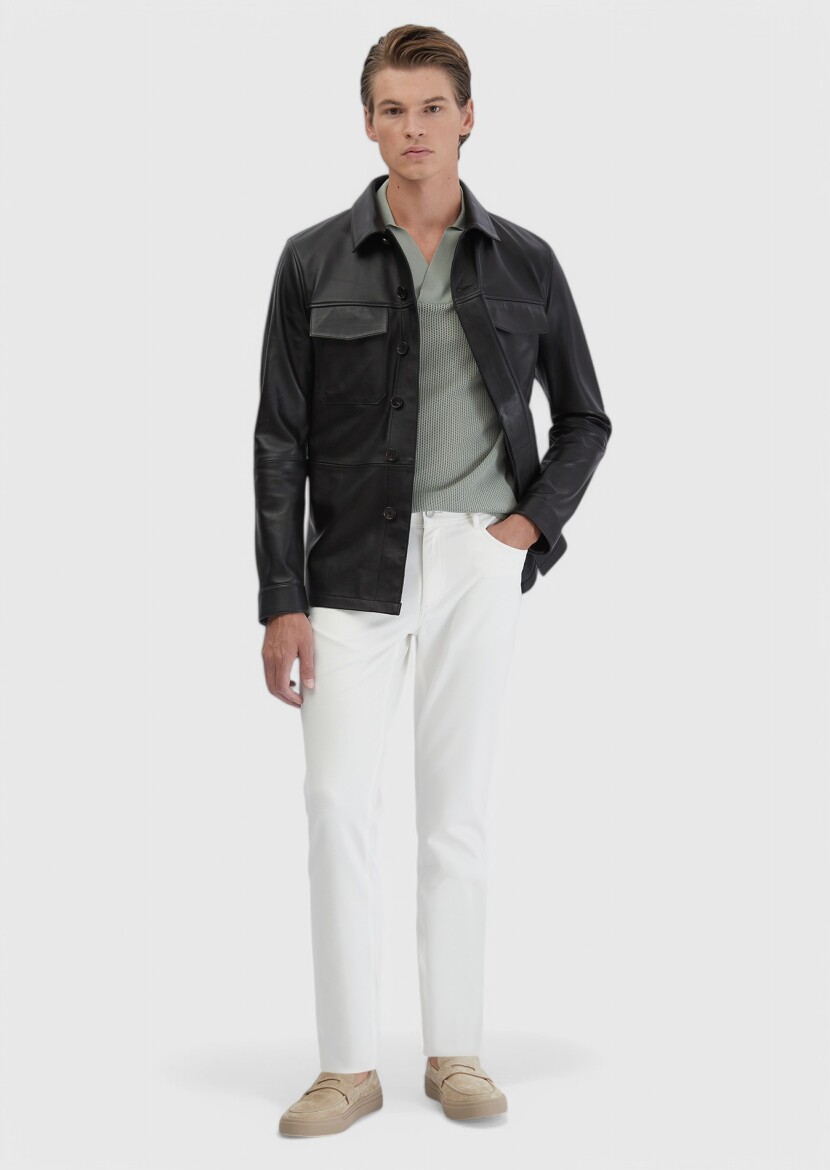 Siyah Regular Fit Gömlek Yaka Casual Koyun Derisi Deri Mont - 2