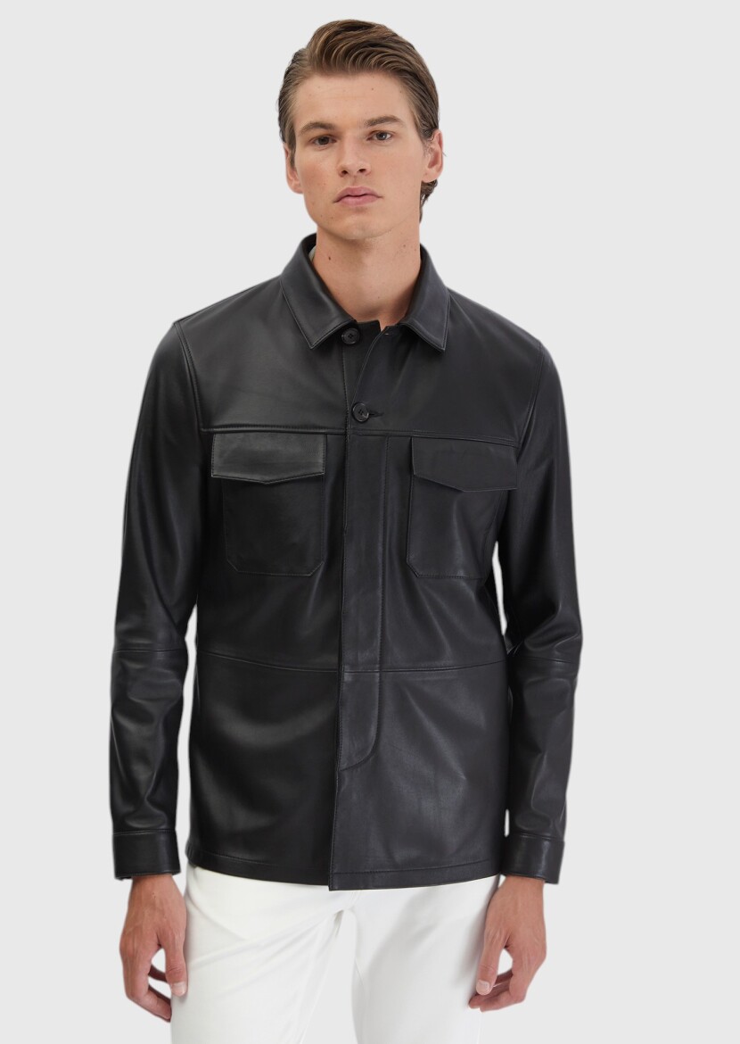 Siyah Regular Fit Gömlek Yaka Casual Koyun Derisi Deri Mont - 3