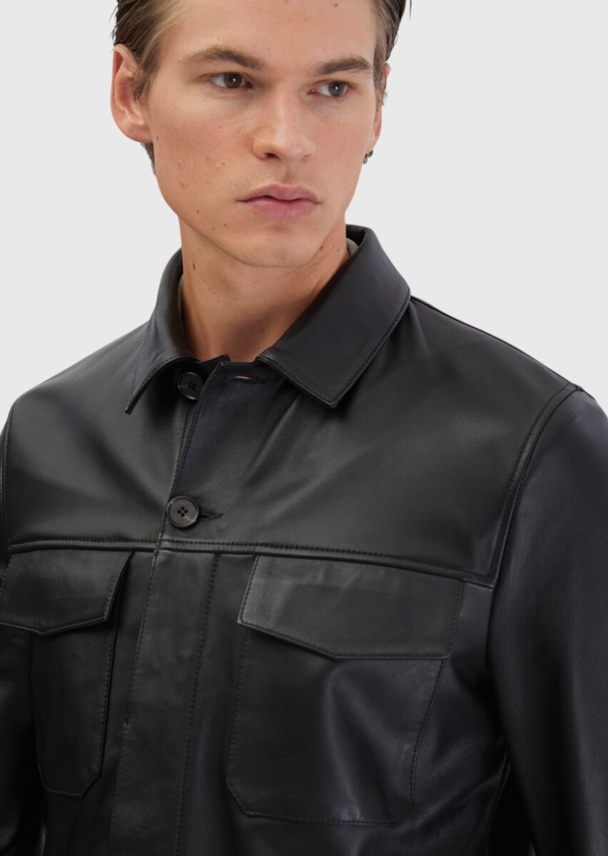 Siyah Regular Fit Gömlek Yaka Casual Koyun Derisi Deri Mont - 4
