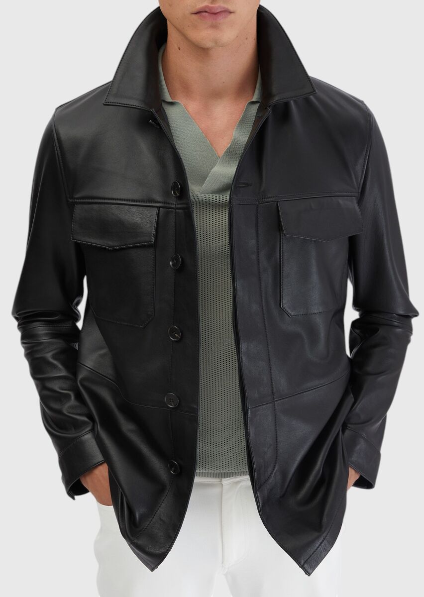 Siyah Regular Fit Gömlek Yaka Casual Koyun Derisi Deri Mont - 5
