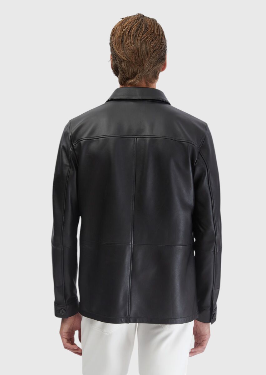 Siyah Regular Fit Gömlek Yaka Casual Koyun Derisi Deri Mont - 7