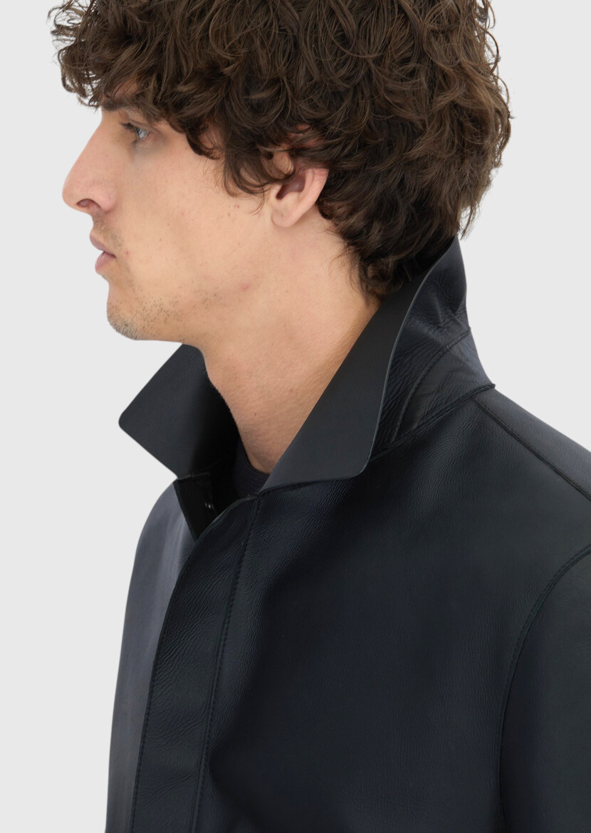 Siyah Regular Fit Gömlek Yaka Casual Koyun Derisi Deri Mont - 5