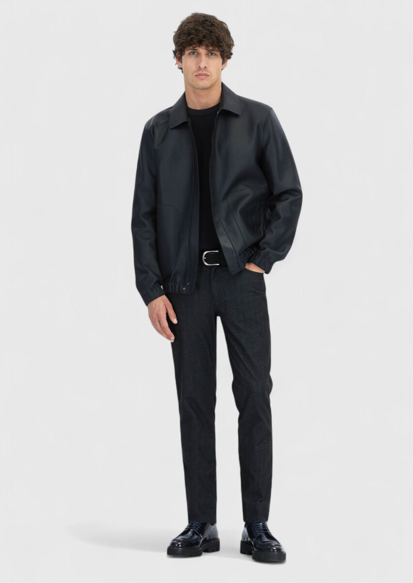 Siyah Regular Fit Gömlek Yaka Casual Koyun Derisi Deri Mont - 2