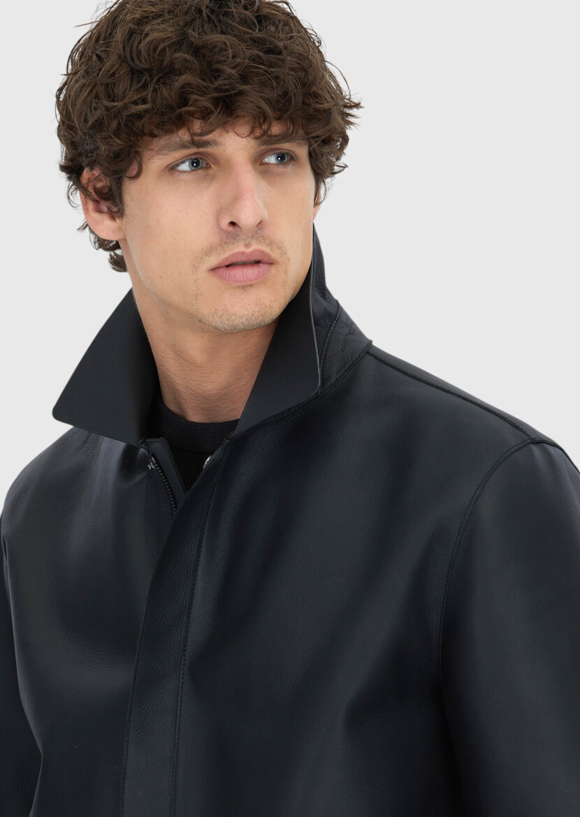 Siyah Regular Fit Gömlek Yaka Casual Koyun Derisi Deri Mont - 4