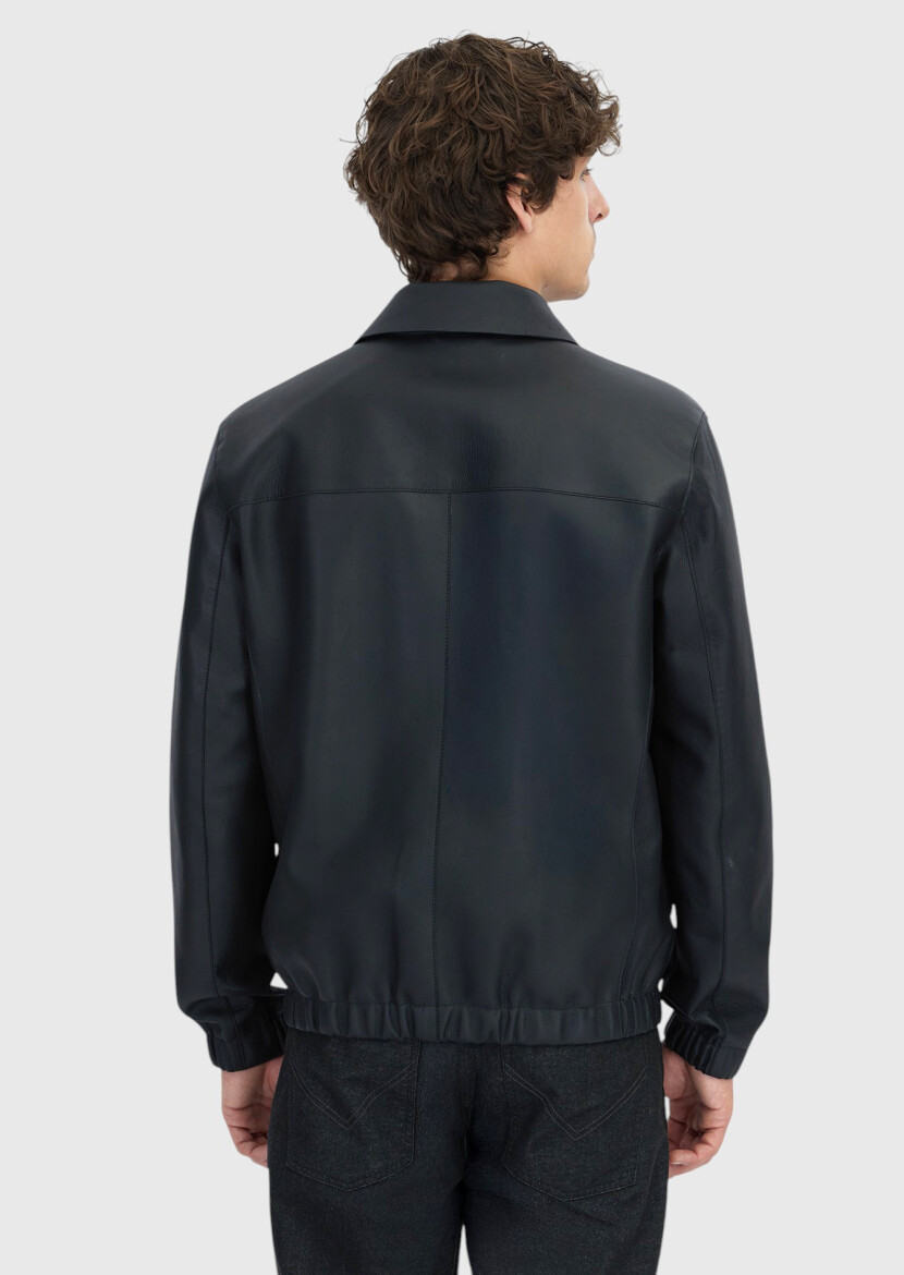 Siyah Regular Fit Gömlek Yaka Casual Koyun Derisi Deri Mont - 6