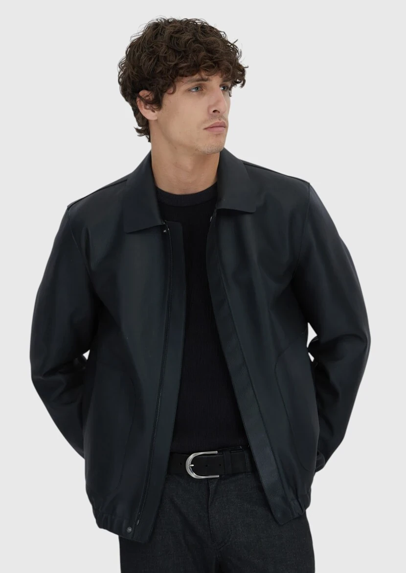 Siyah Regular Fit Gömlek Yaka Casual Koyun Derisi Deri Mont - 1