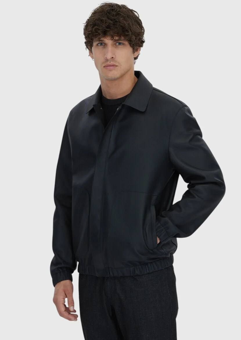 Siyah Regular Fit Gömlek Yaka Casual Koyun Derisi Deri Mont - 3