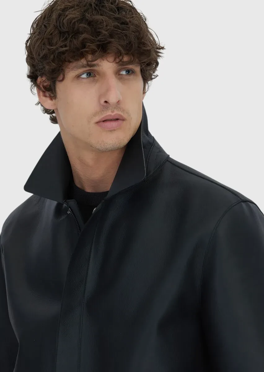 Siyah Regular Fit Gömlek Yaka Casual Koyun Derisi Deri Mont - 4