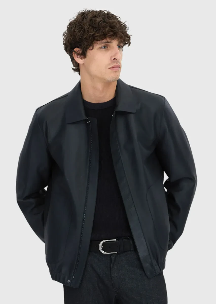 Siyah Regular Fit Gömlek Yaka Casual Koyun Derisi Deri Mont - 1