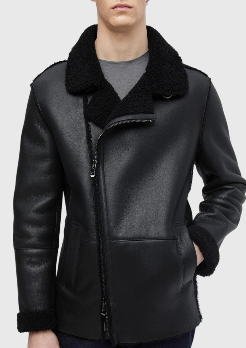 Siyah Regular Fit Gömlek Yaka Casual Kürk Deri Mont - 4