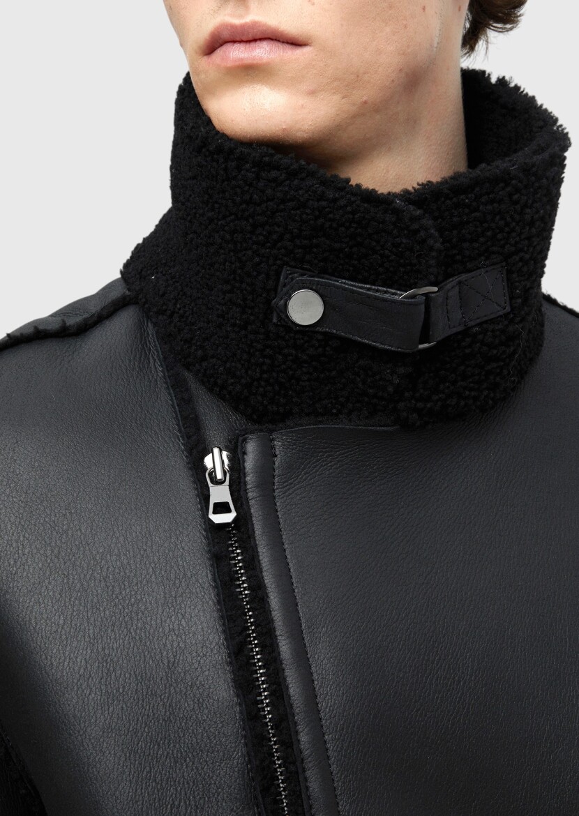 Siyah Regular Fit Gömlek Yaka Casual Kürk Deri Mont - 7