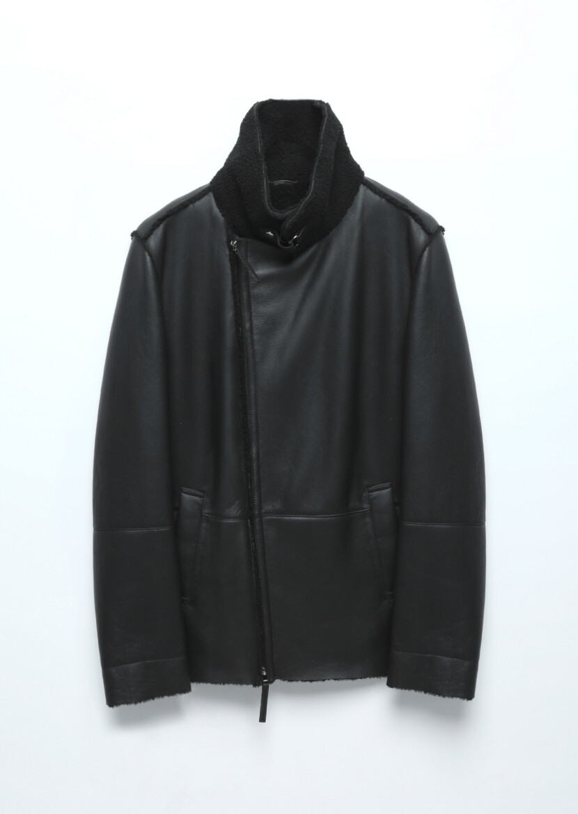 Siyah Regular Fit Gömlek Yaka Casual Kürk Deri Mont - 9