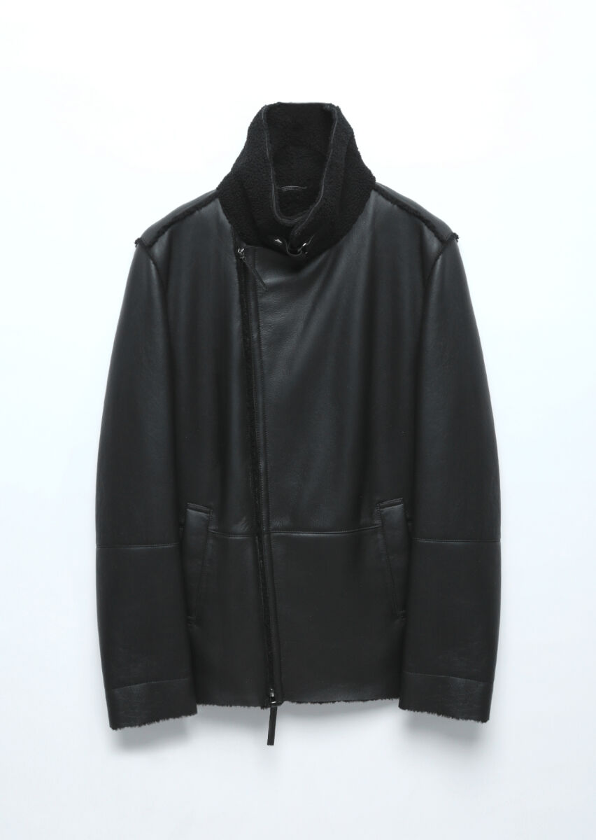 Siyah Regular Fit Gömlek Yaka Casual Kürk Deri Mont - 9