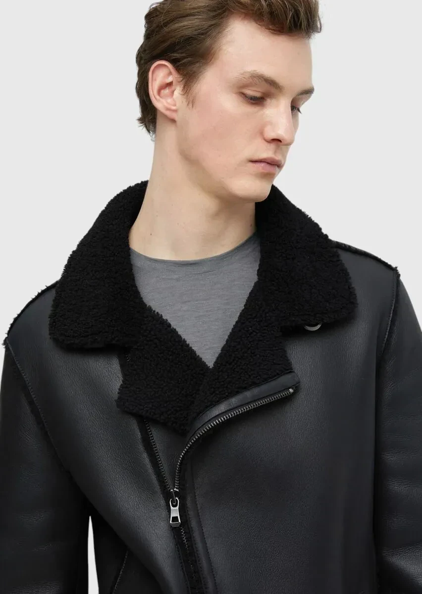 Siyah Regular Fit Gömlek Yaka Casual Kürk Deri Mont - 5