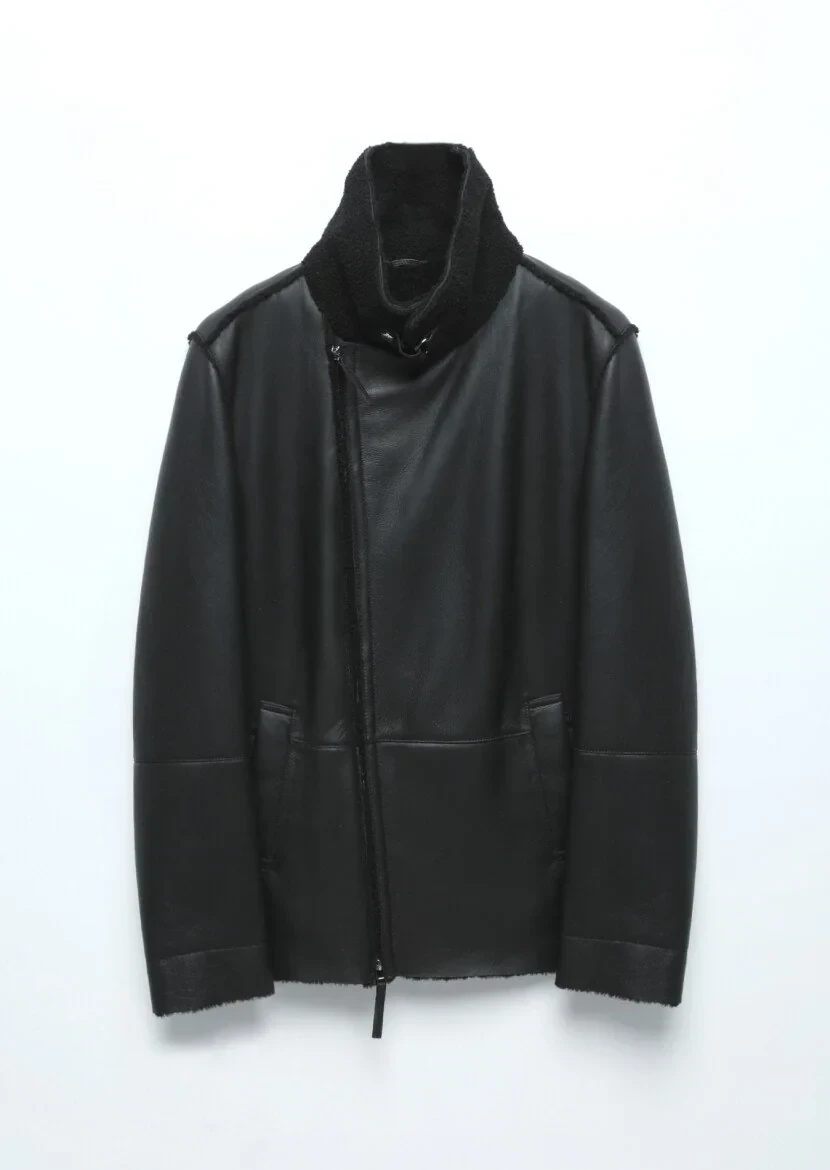 Siyah Regular Fit Gömlek Yaka Casual Kürk Deri Mont - 9