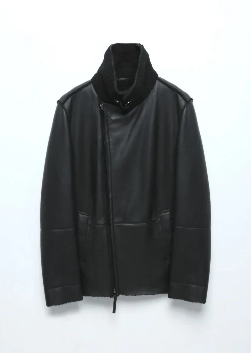 Siyah Regular Fit Gömlek Yaka Casual Kürk Deri Mont - 9