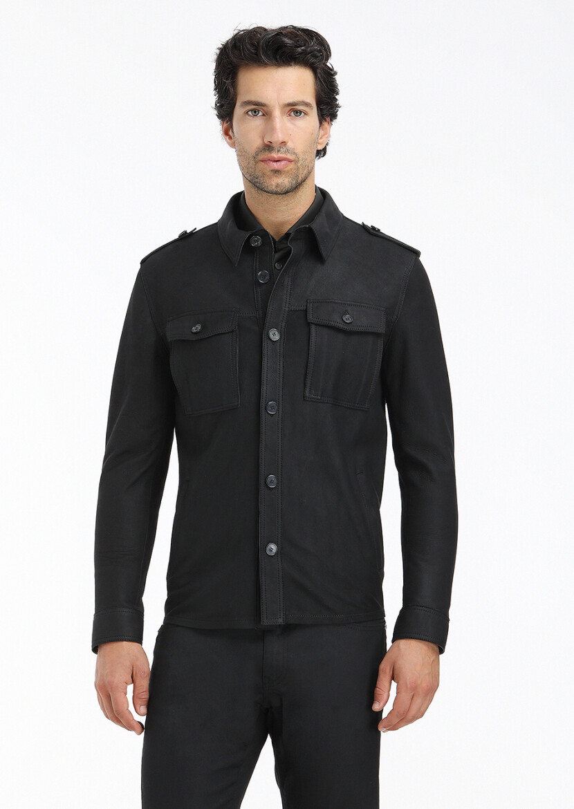 Siyah Regular Fit Gömlek Yaka Casual Süet Deri Mont - 2