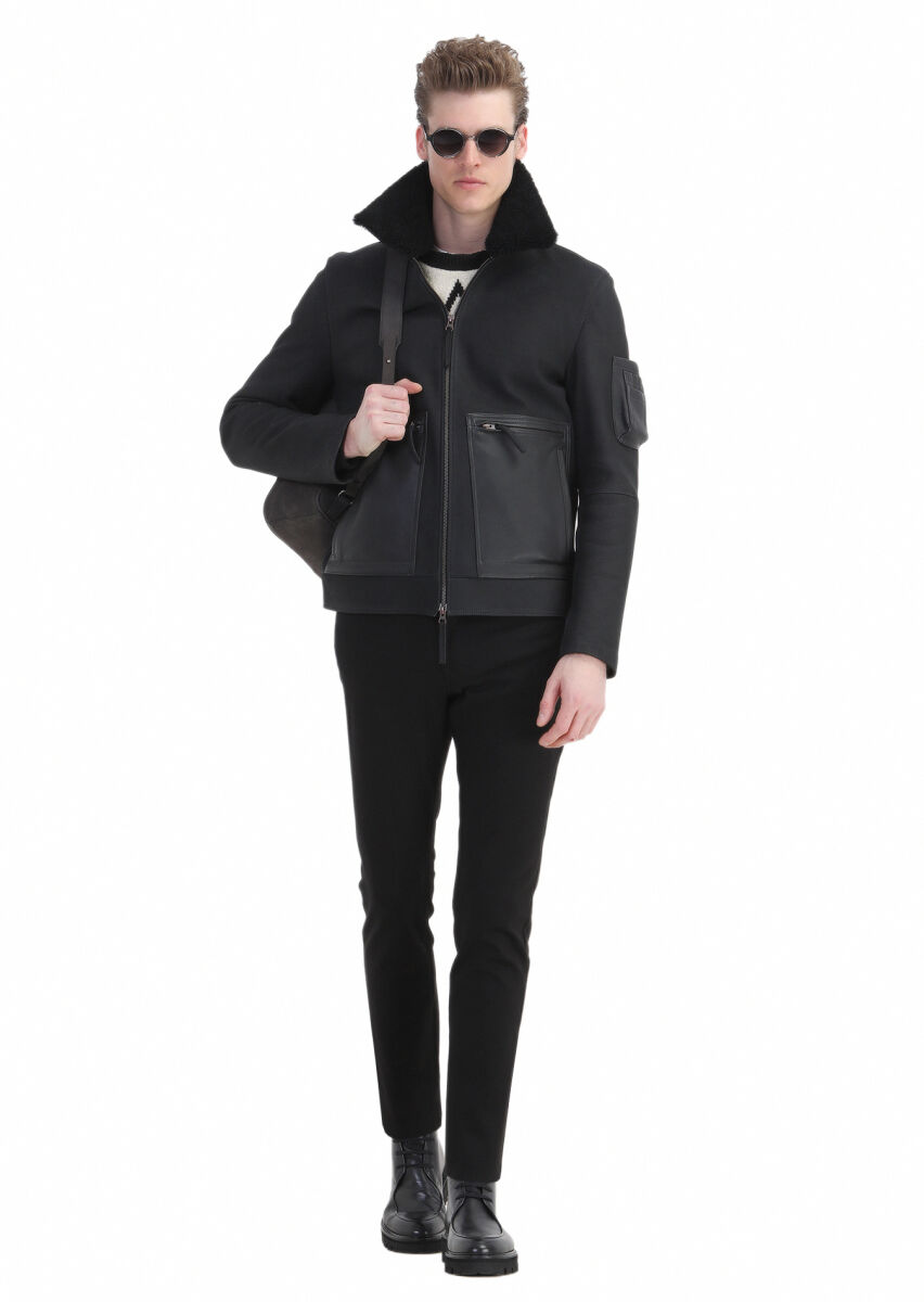 Siyah Regular Fit Gömlek Yaka Casual Süet Deri Mont - 4