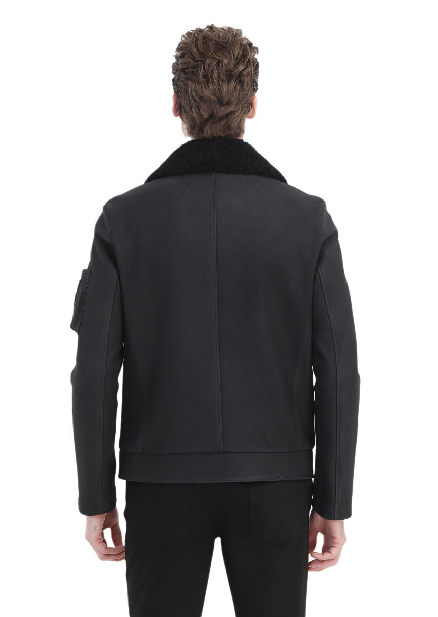 Siyah Regular Fit Gömlek Yaka Casual Süet Deri Mont - 8