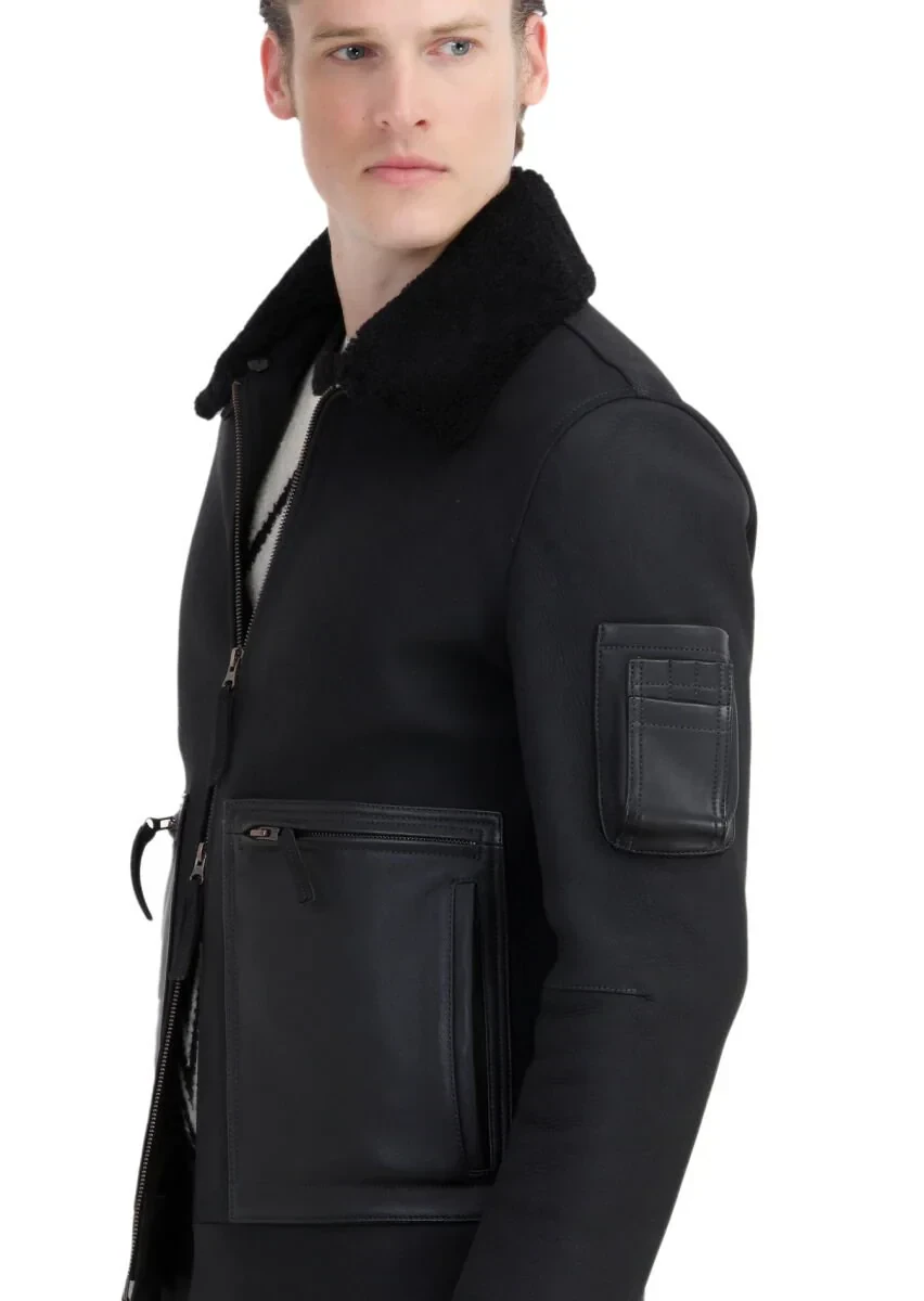 Siyah Regular Fit Gömlek Yaka Casual Süet Deri Mont - 7