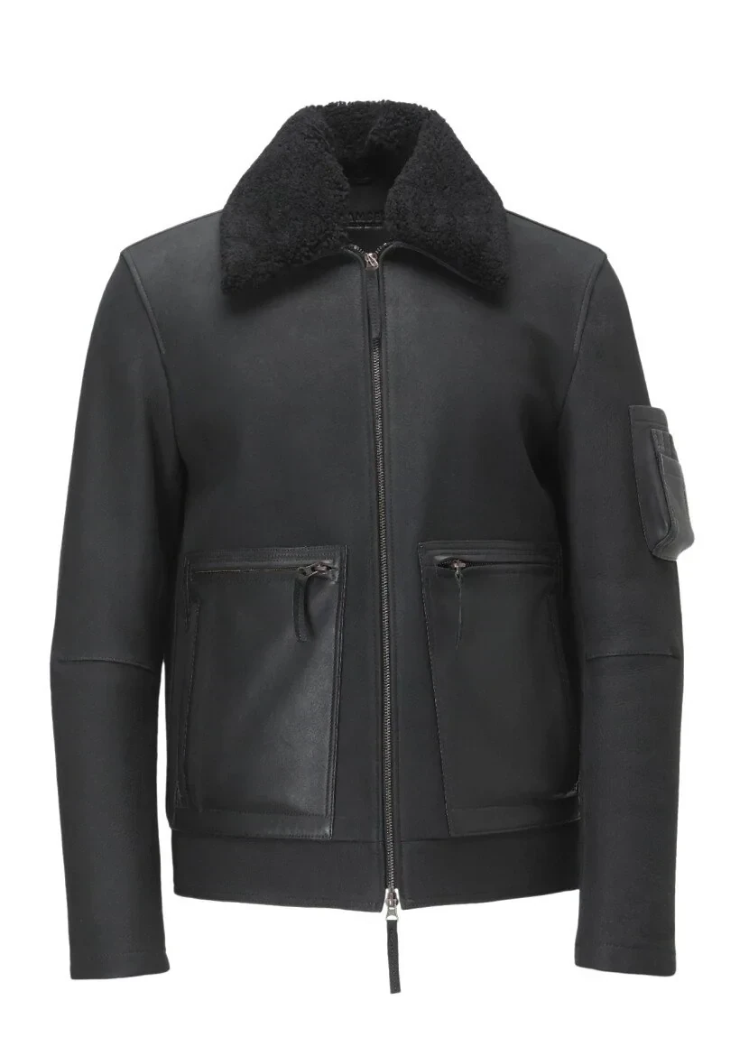 Siyah Regular Fit Gömlek Yaka Casual Süet Deri Mont - 9