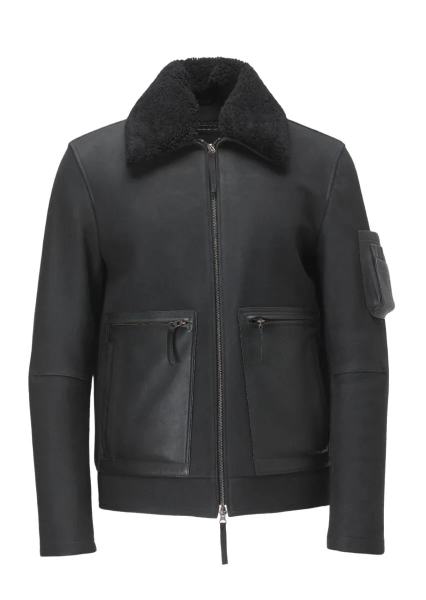 Siyah Regular Fit Gömlek Yaka Casual Süet Deri Mont - 9