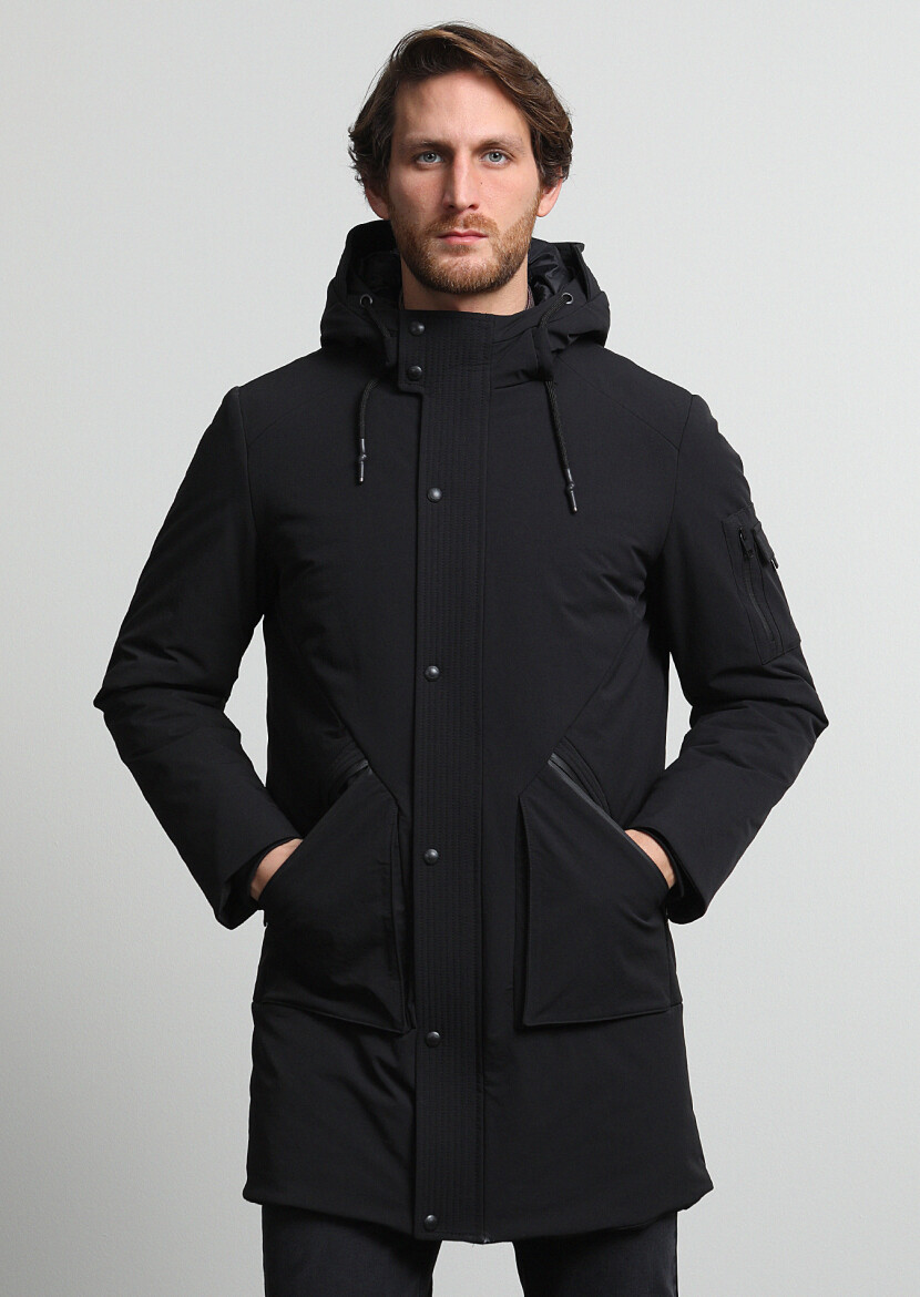 Siyah Regular Fit Kapüşonlu Casual Dokuma Kaban - 1