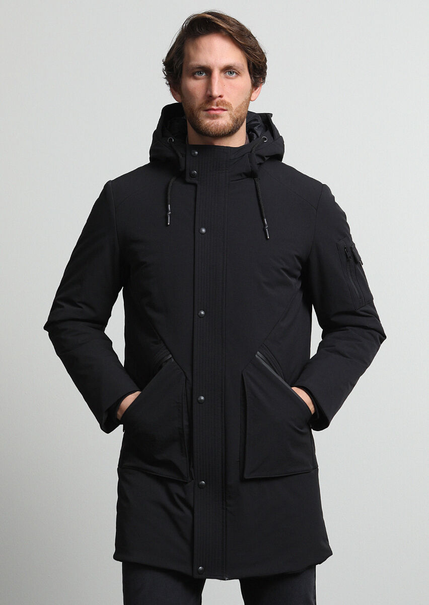 Siyah Regular Fit Kapüşonlu Casual Dokuma Kaban - 1