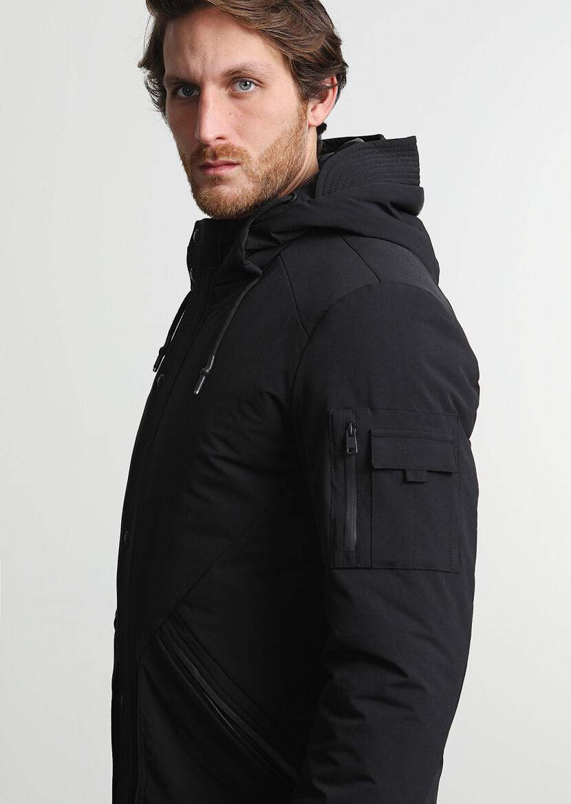Siyah Regular Fit Kapüşonlu Casual Dokuma Kaban - 3