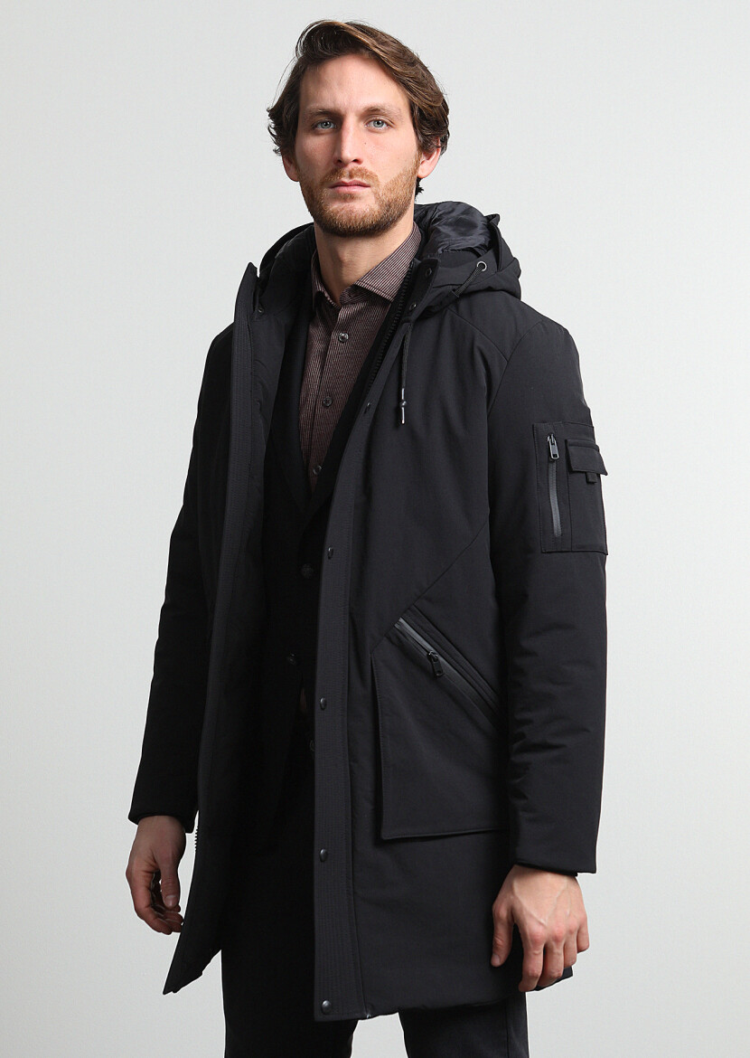 Siyah Regular Fit Kapüşonlu Casual Dokuma Kaban - 4