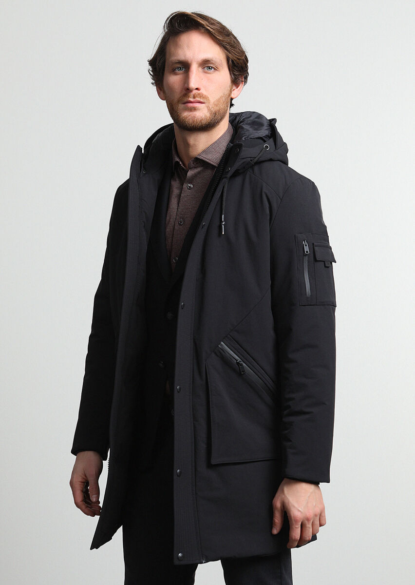 Siyah Regular Fit Kapüşonlu Casual Dokuma Kaban - 4