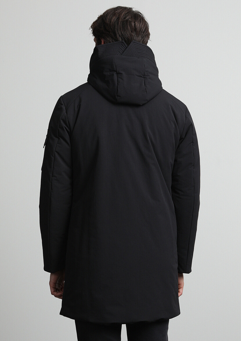 Siyah Regular Fit Kapüşonlu Casual Dokuma Kaban - 5