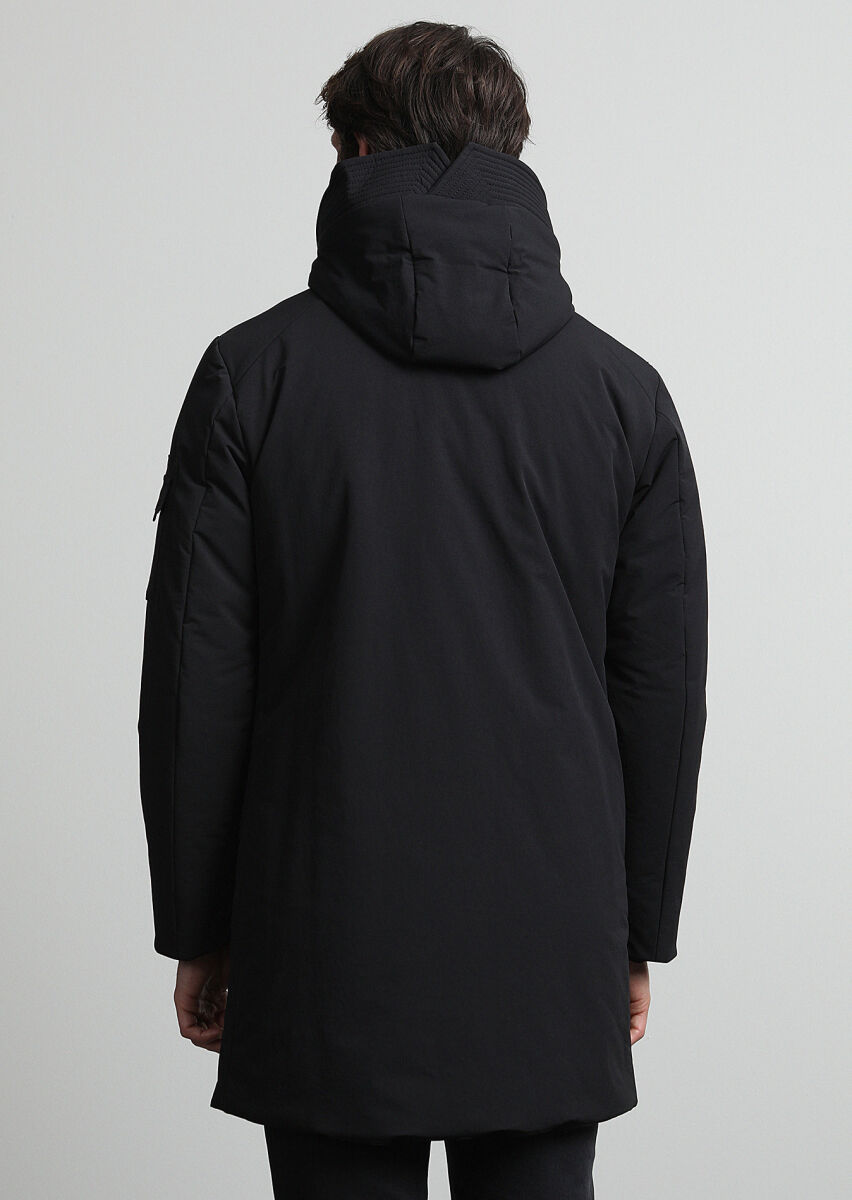 Siyah Regular Fit Kapüşonlu Casual Dokuma Kaban - 5