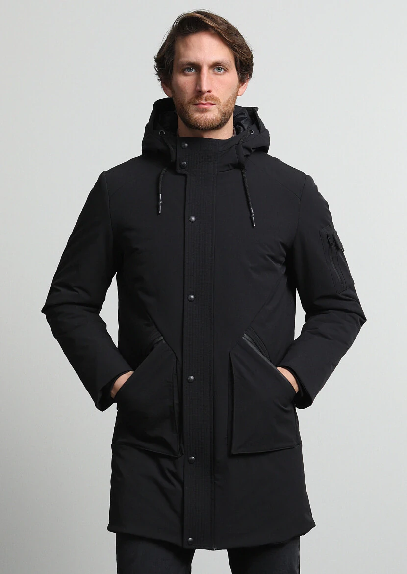 Siyah Regular Fit Kapüşonlu Casual Dokuma Kaban - 1