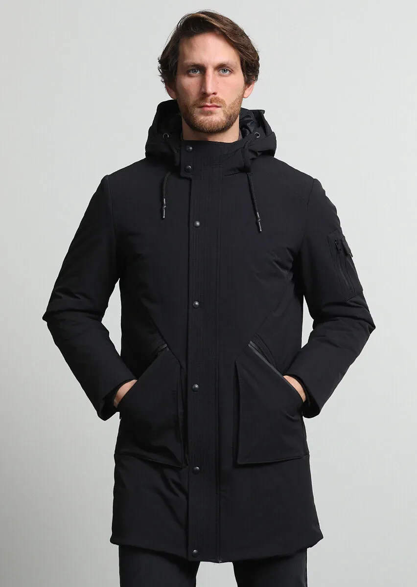 Siyah Regular Fit Kapüşonlu Casual Dokuma Kaban - 1