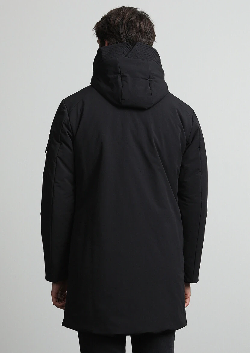 Siyah Regular Fit Kapüşonlu Casual Dokuma Kaban - 5