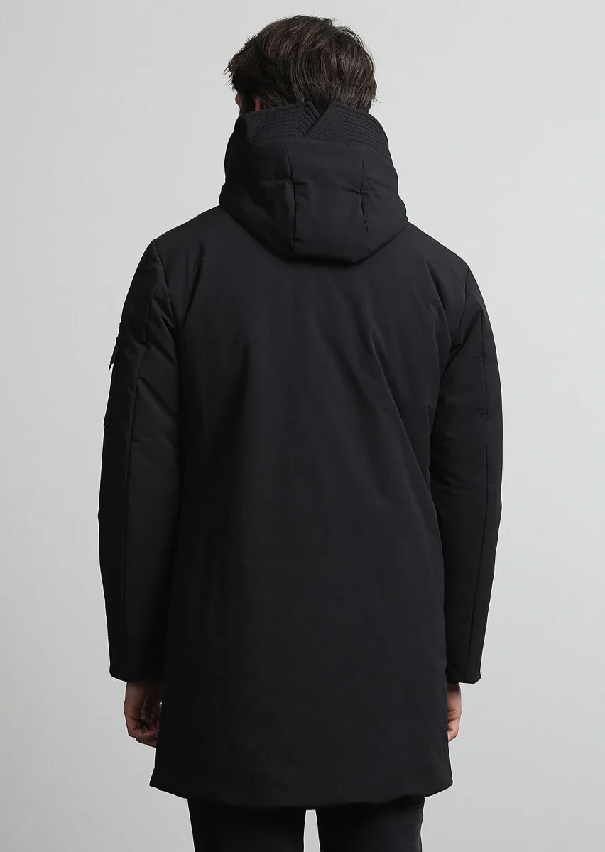 Siyah Regular Fit Kapüşonlu Casual Dokuma Kaban - 5