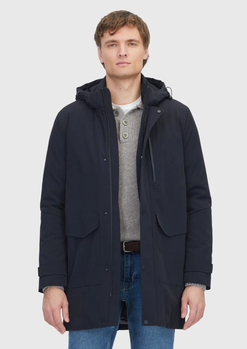 Siyah Regular Fit Kapüşonlu Casual Dokuma Kaban - 1
