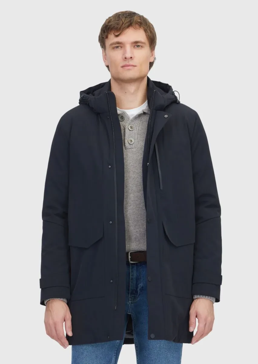 Siyah Regular Fit Kapüşonlu Casual Dokuma Kaban - 1