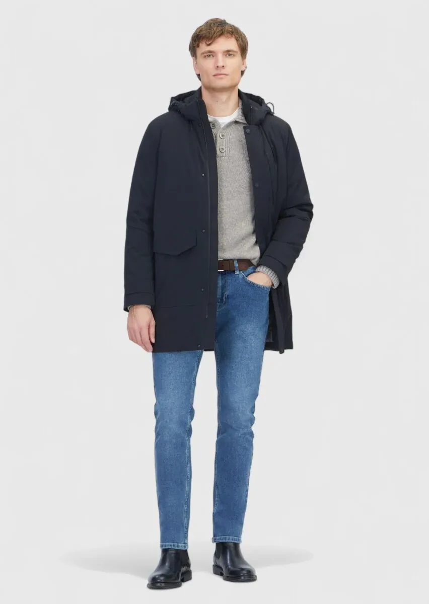 Siyah Regular Fit Kapüşonlu Casual Dokuma Kaban - 2
