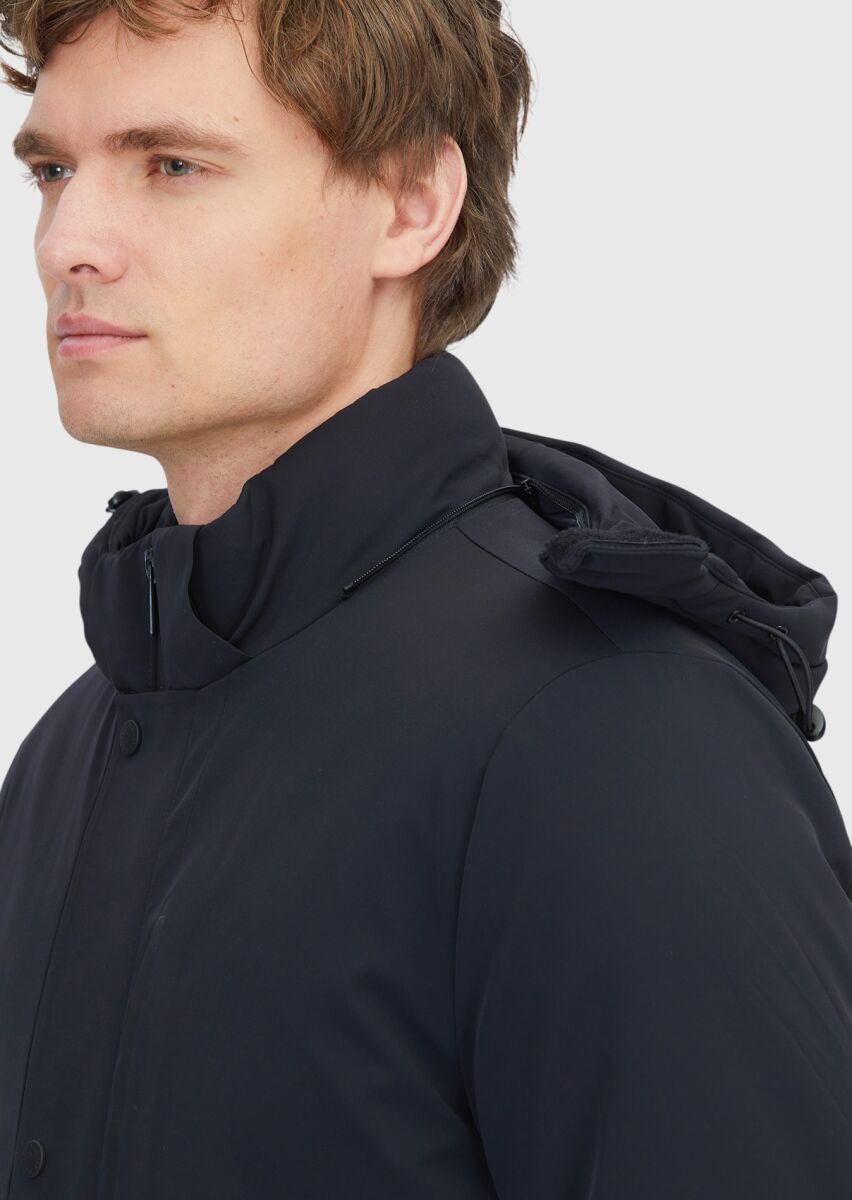 Siyah Regular Fit Kapüşonlu Casual Dokuma Kaban - 5