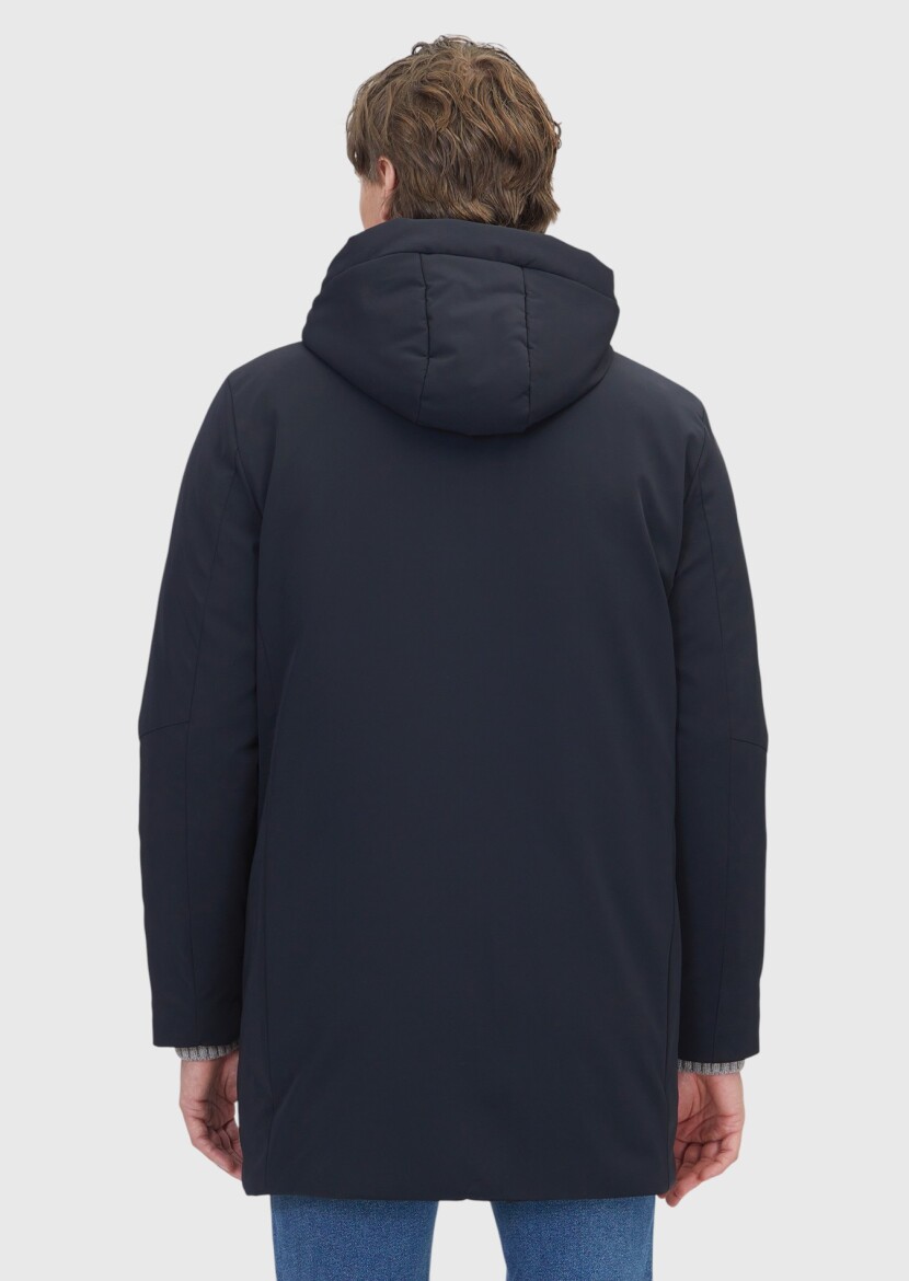 Siyah Regular Fit Kapüşonlu Casual Dokuma Kaban - 7