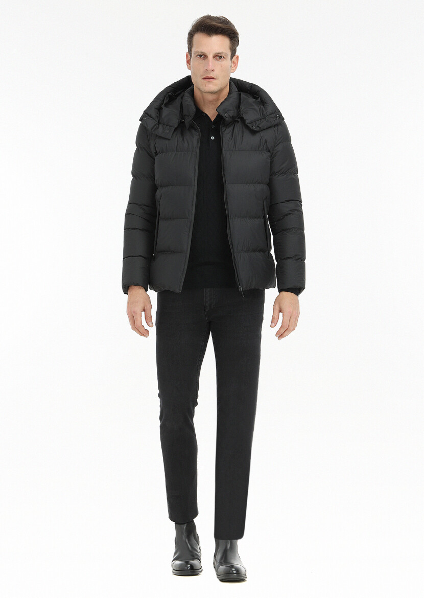 Siyah Regular Fit Kapüşonlu Casual Dokuma Mont - 1