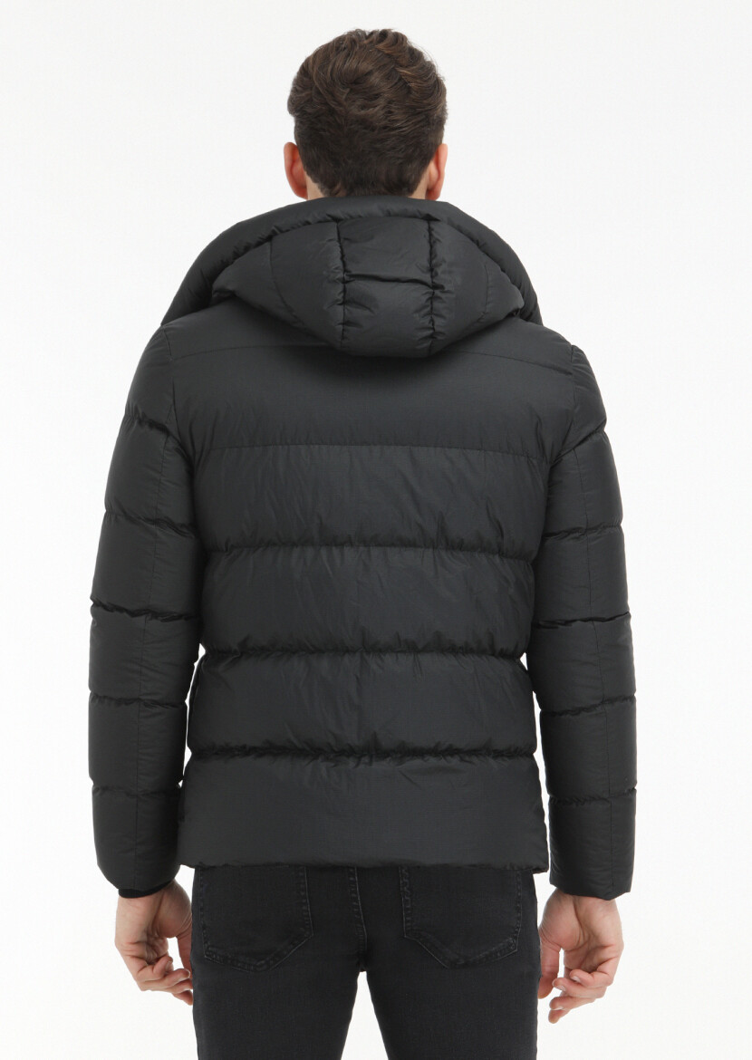 Siyah Regular Fit Kapüşonlu Casual Dokuma Mont - 5